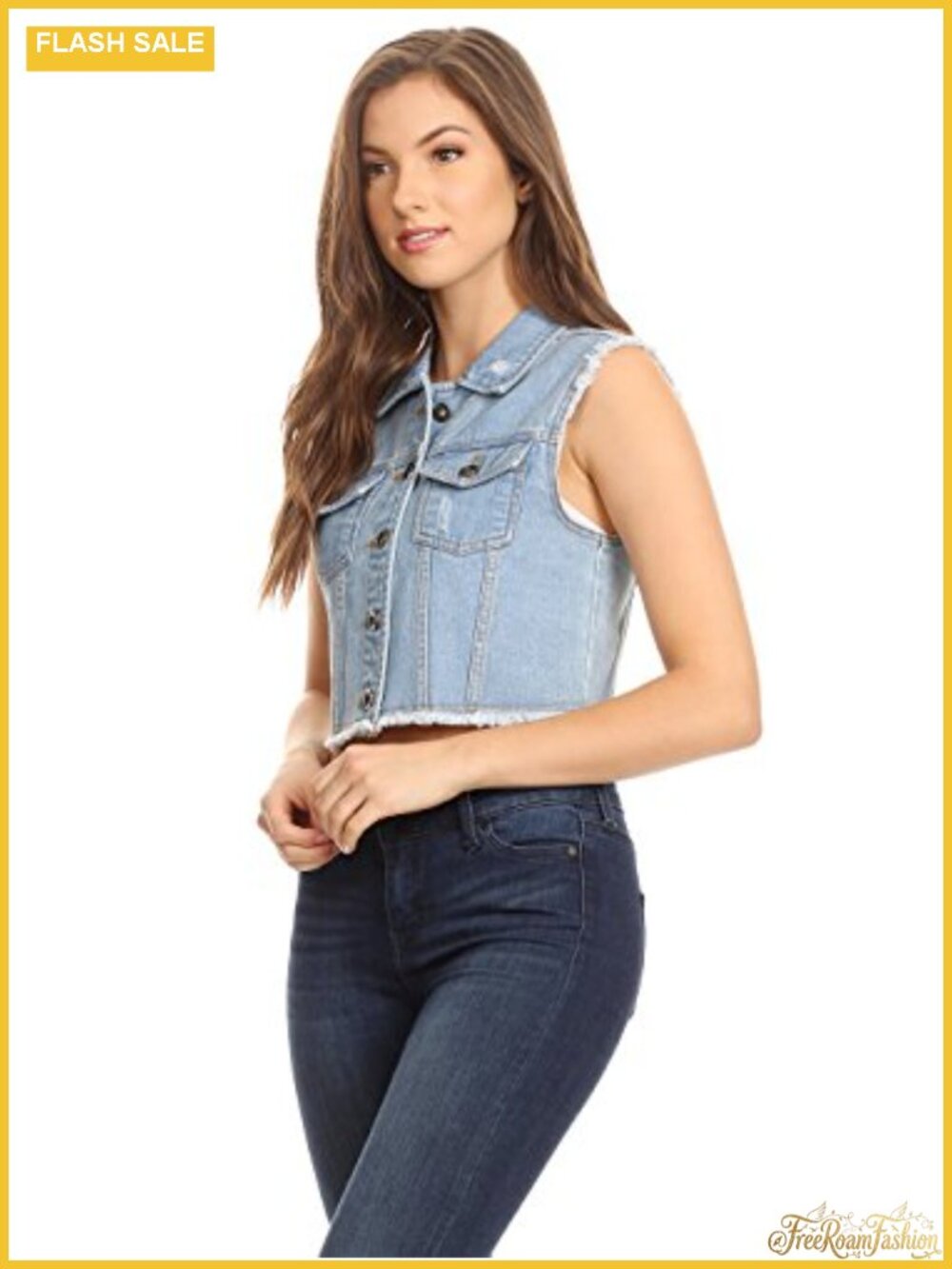 Cropped Denim Vest Sleeveless Cotton Rivet Fitted Jean Vest Jacket